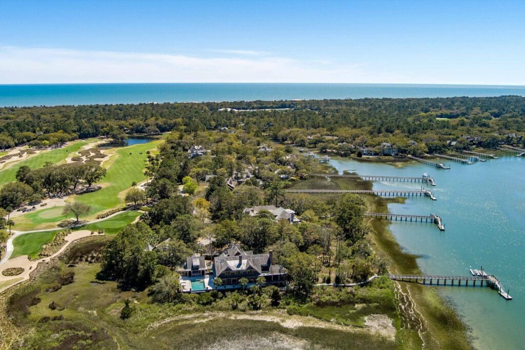 Aerial view of 108 Salthouse Lane in Kiawah Island’s Settlement community with river and marsh views.